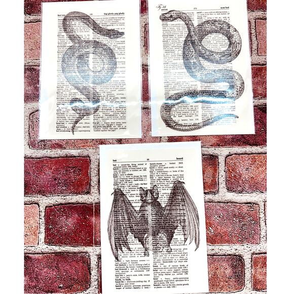 SNAKES & BAT Theme - Upcycled Dictionary Art Prints - Lot of 3 - Mini Poster Set - Picture 2 of 10